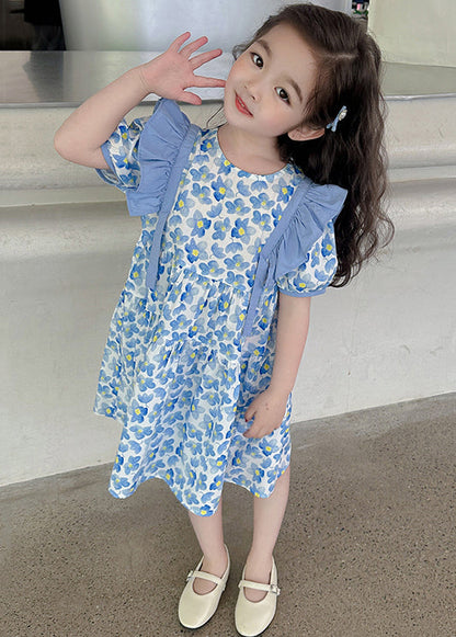 Lovely Blue Ruffled Print Cotton Girls Long Dress Summer TT015 MM-RCTZSDGL240816