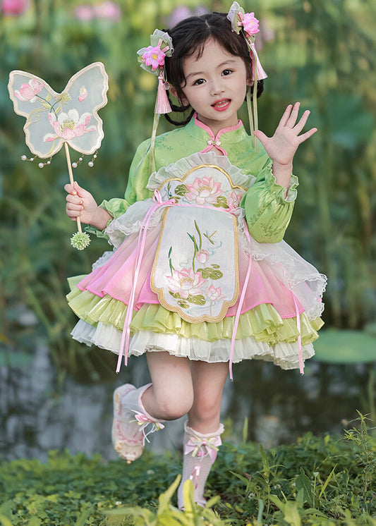Green Girls Mid Lantern Lovely Tulle Embroideried Button Dress FashionChic
