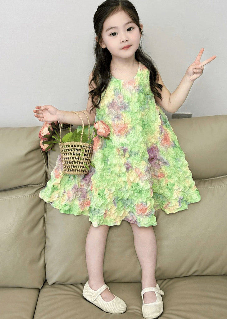 Lovely Green Print Girls Long Dress Sleeveless EW025 WS-JRTZSDL240810