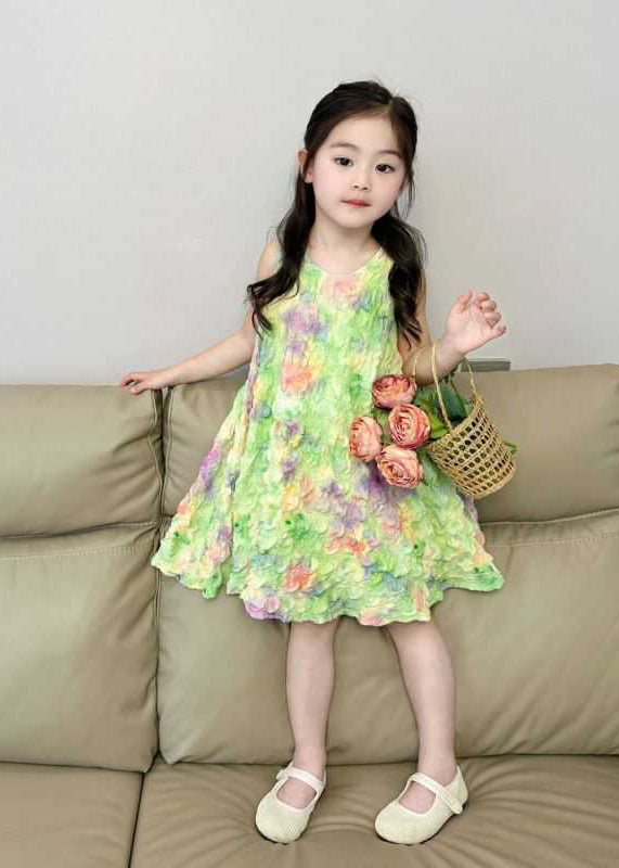 Lovely Green Print Girls Long Dress Sleeveless EW025 WS-JRTZSDL240810