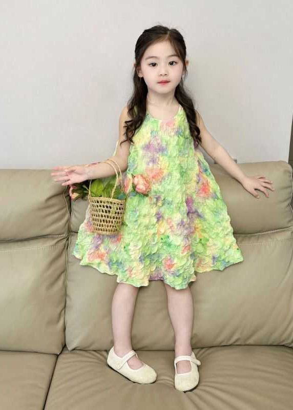 Lovely Green Print Girls Long Dress Sleeveless EW025 WS-JRTZSDL240810