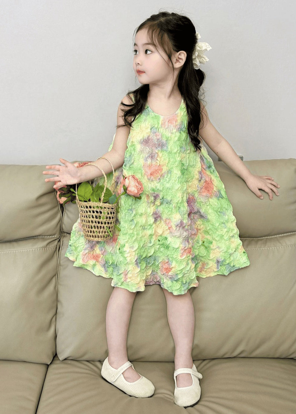 Lovely Green Print Girls Long Dress Sleeveless EW025 WS-JRTZSDL240810