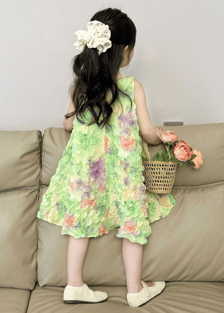 Lovely Green Print Girls Long Dress Sleeveless EW025 WS-JRTZSDL240810