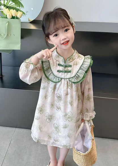 Lovely Green Ruffled Print Cotton Girls Dress Long Sleeve XZ087 FALL-MM-RCTZ-FDGM240618