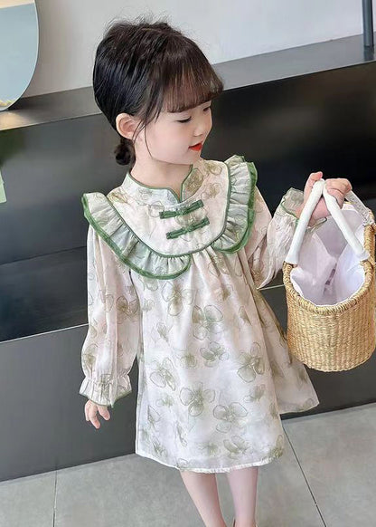 Lovely Green Ruffled Print Cotton Girls Dress Long Sleeve XZ087 FALL-MM-RCTZ-FDGM240618