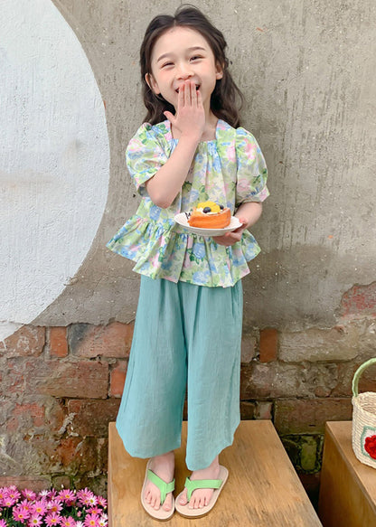 Lovely Green Square Collar Print Patchwork Kids Top And Crop Pants Two Pieces Set Summer SS1022 MM-RCTZ-TPGIEC240601