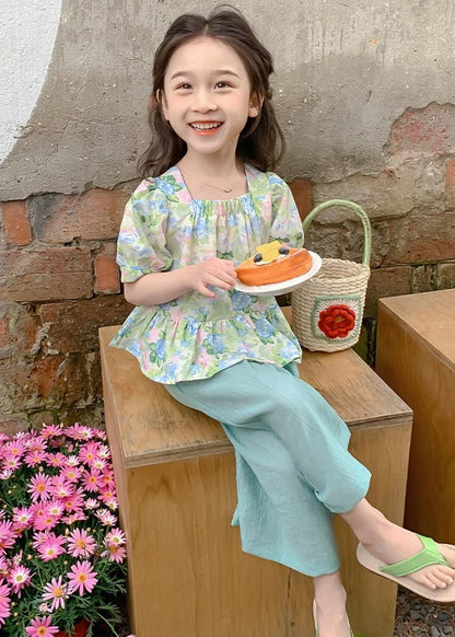 Lovely Green Square Collar Print Patchwork Kids Top And Crop Pants Two Pieces Set Summer SS1022 MM-RCTZ-TPGIEC240601