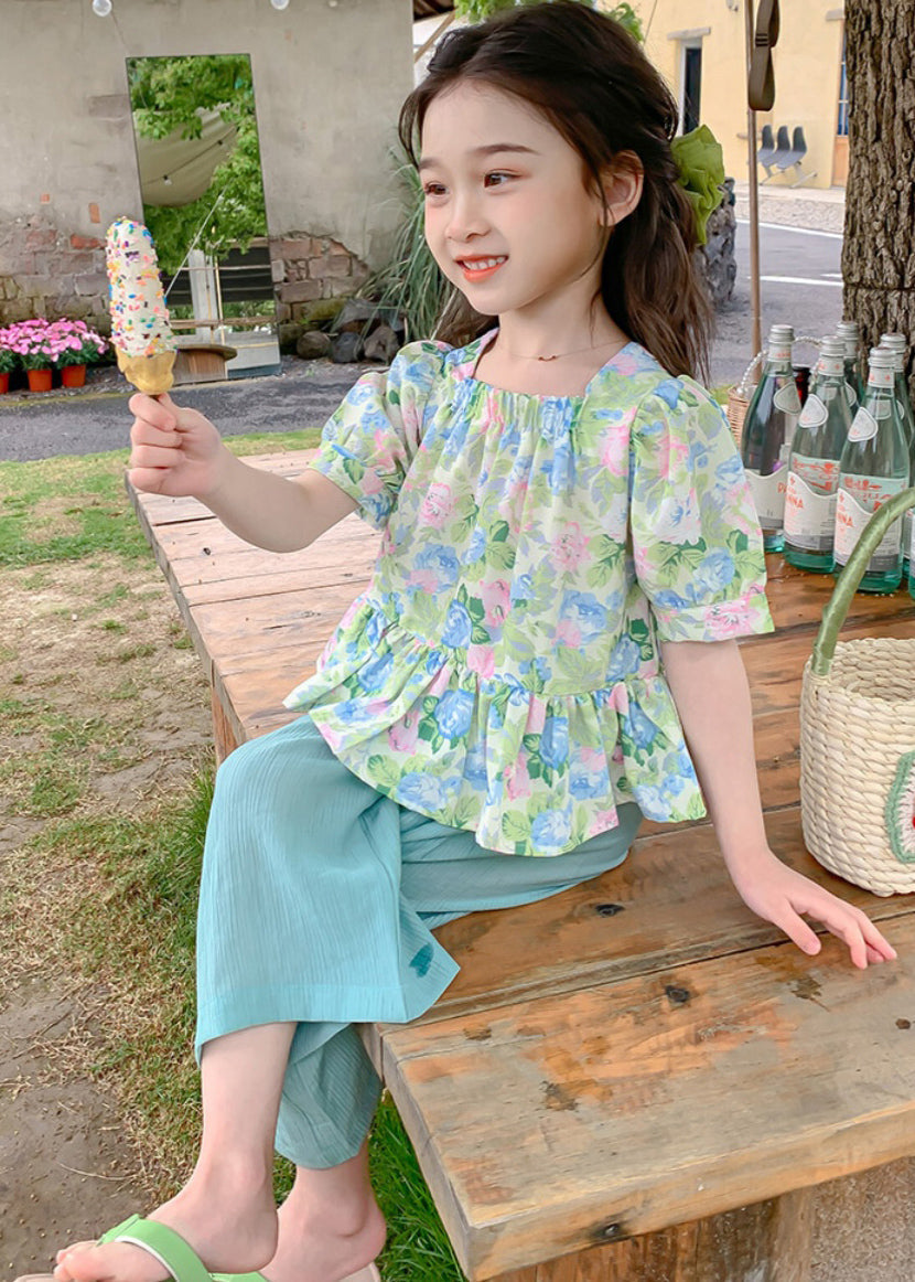 Lovely Green Square Collar Print Patchwork Kids Top And Crop Pants Two Pieces Set Summer SS1022 MM-RCTZ-TPGIEC240601