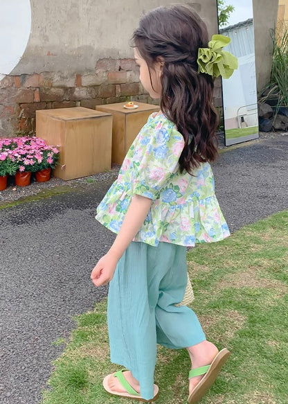 Lovely Green Square Collar Print Patchwork Kids Top And Crop Pants Two Pieces Set Summer SS1022 MM-RCTZ-TPGIEC240601