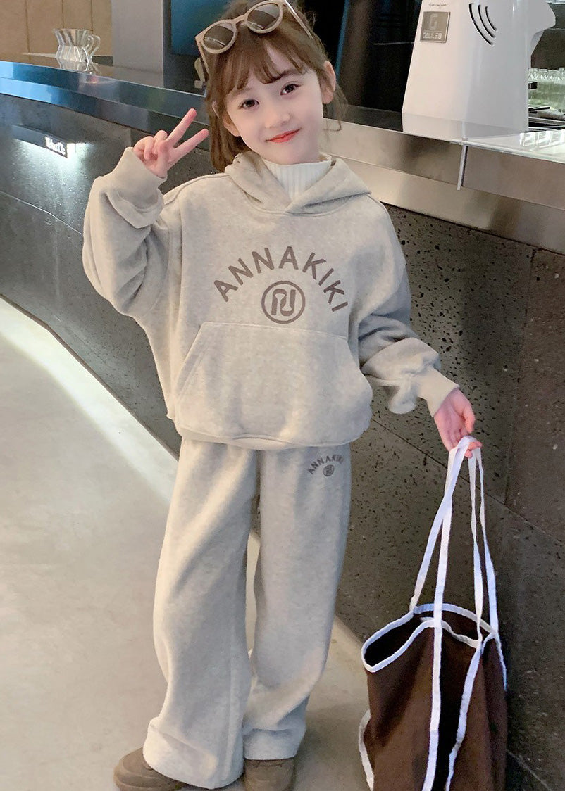 Lovely Grey Kids Fleece Hooded Sweatshirt And Wide Leg Pants Two Pieces Set Spring TR013 ABC