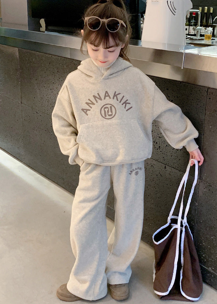 Lovely Grey Kids Fleece Hooded Sweatshirt And Wide Leg Pants Two Pieces Set Spring TR013 ABC