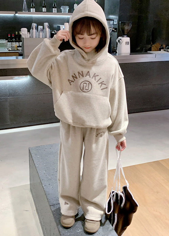 Lovely Grey Kids Fleece Hooded Sweatshirt And Wide Leg Pants Two Pieces Set Spring TR013 ABC