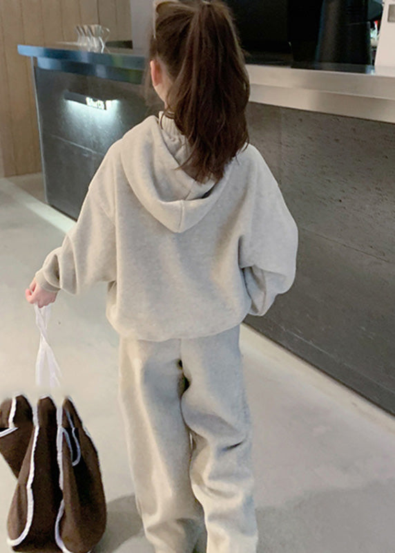 Lovely Grey Kids Fleece Hooded Sweatshirt And Wide Leg Pants Two Pieces Set Spring TR013 ABC