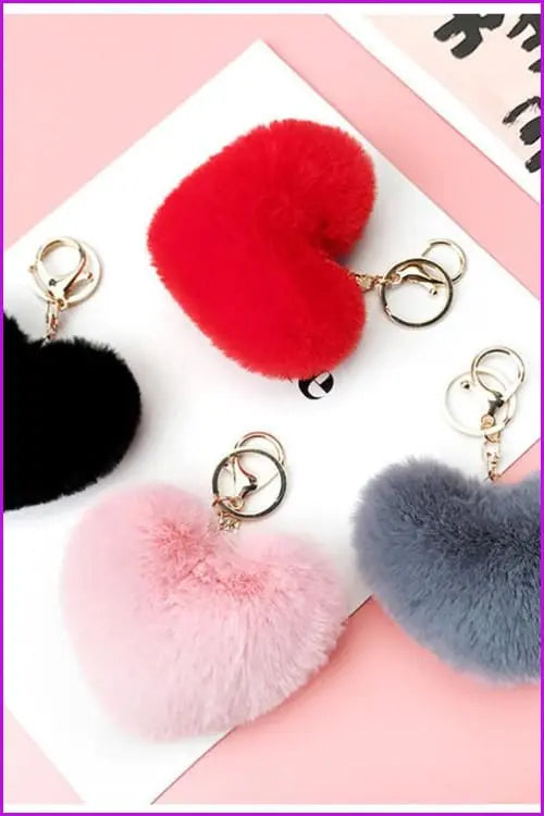 Lovely Heart Shaped Pom Poms Fluffy Fur Pompom Keychain Rabbit Fur F3918