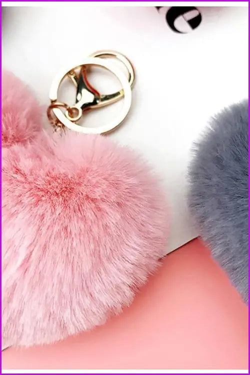 Lovely Heart Shaped Pom Poms Fluffy Fur Pompom Keychain Rabbit Fur F3918