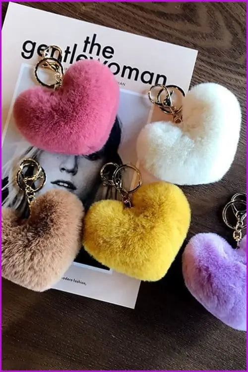 Lovely Heart Shaped Pom Poms Fluffy Fur Pompom Keychain Rabbit Fur F3918