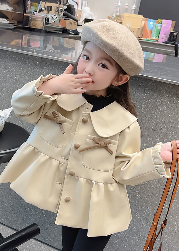 Lovely Khaki Peter Pan Collar Wrinkled Button Kids Trench Coats Fall QV030 MM-RCTZCGTS241026