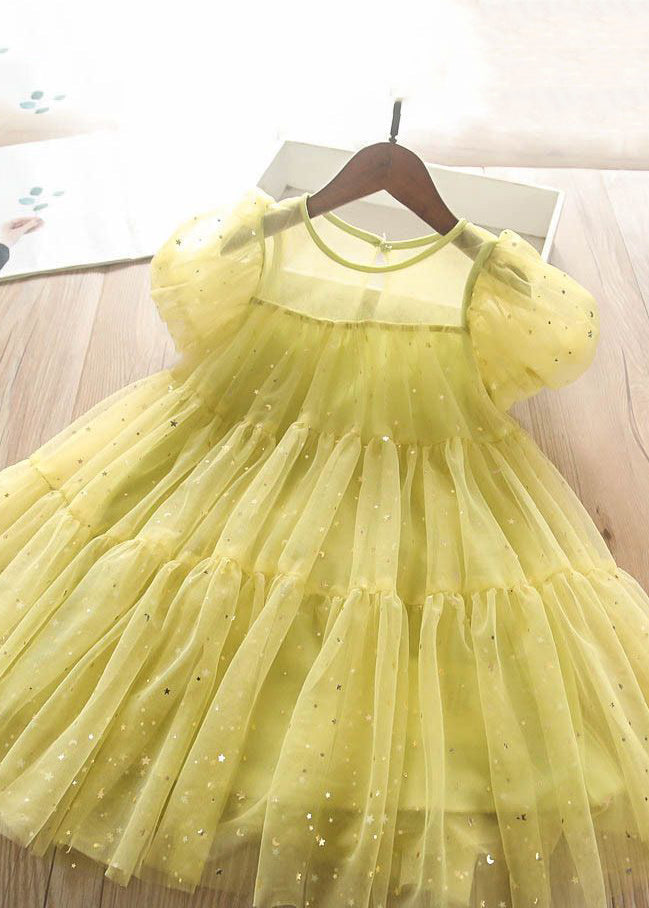 Lovely Light Green O-Neck Sequins Tulle Kids Long Dress Short Sleeve EW010 WS-JRTZSDL240810