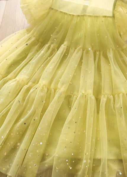 Lovely Light Green O-Neck Sequins Tulle Kids Long Dress Short Sleeve EW010 WS-JRTZSDL240810