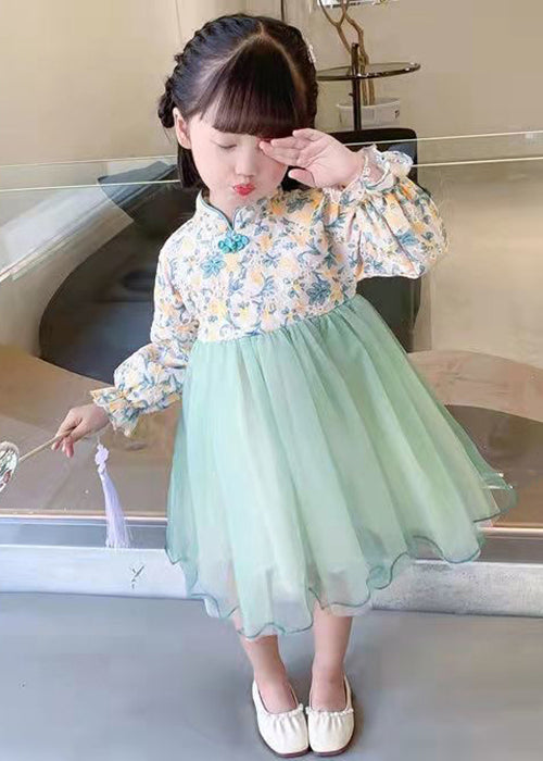 Lovely Light Green Stand Collar Tulle Patchwork Girls Dress Long Sleeve XZ082 FALL-MM-RCTZ-FDGL240618