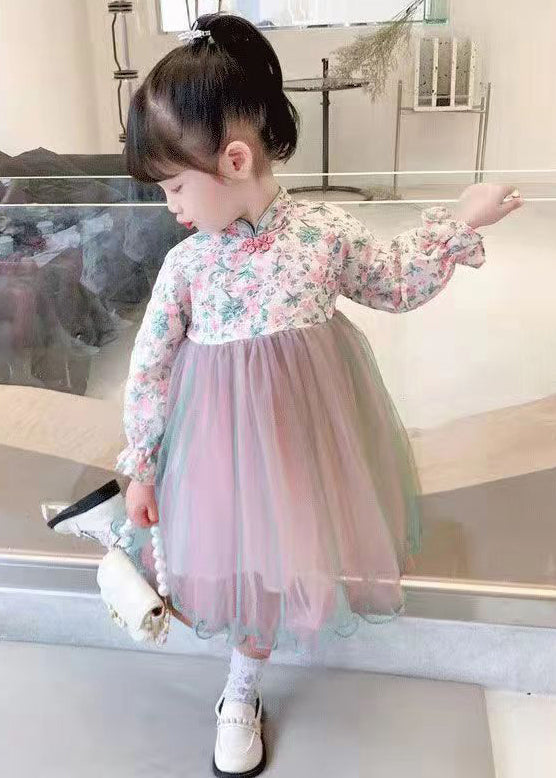 Lovely Light Green Stand Collar Tulle Patchwork Girls Dress Long Sleeve XZ082 FALL-MM-RCTZ-FDGL240618