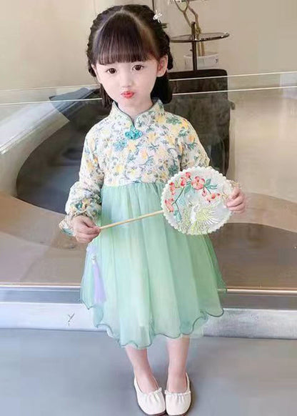 Lovely Light Green Stand Collar Tulle Patchwork Girls Dress Long Sleeve XZ082 FALL-MM-RCTZ-FDGL240618