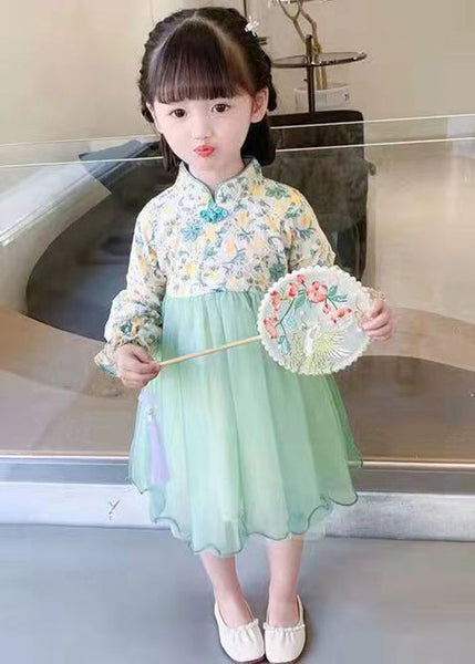 Lovely Light Green Stand Collar Tulle Patchwork Girls Dress Long Sleeve XZ082 FALL-MM-RCTZ-FDGL240618