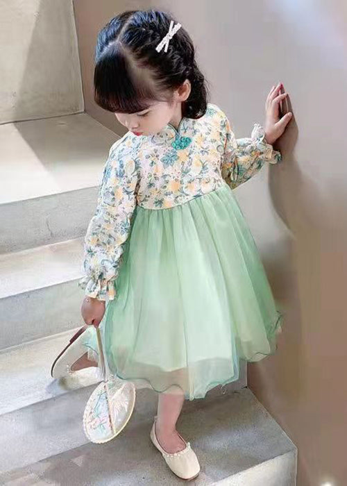 Lovely Light Green Stand Collar Tulle Patchwork Girls Dress Long Sleeve XZ082 FALL-MM-RCTZ-FDGL240618
