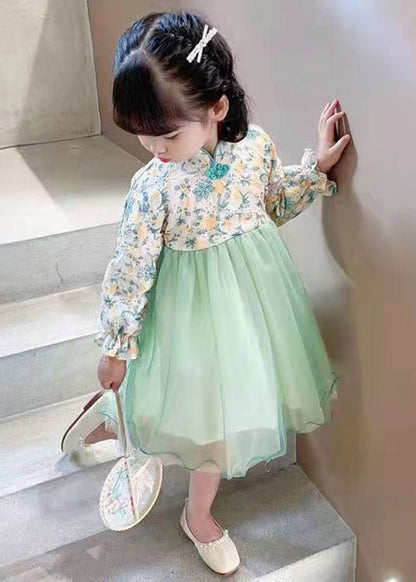 Lovely Light Green Stand Collar Tulle Patchwork Girls Dress Long Sleeve XZ082 FALL-MM-RCTZ-FDGL240618