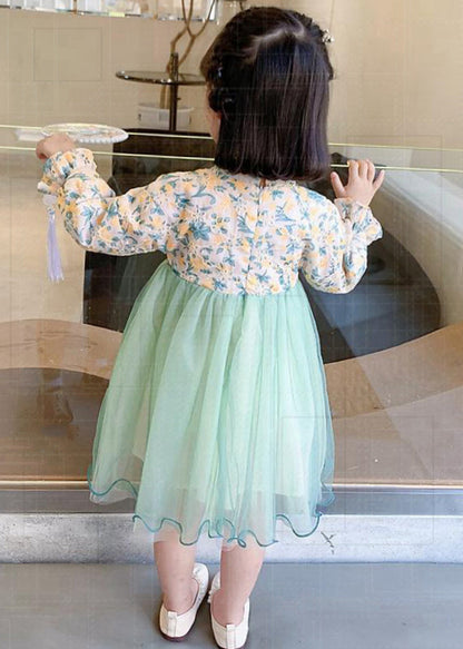 Lovely Light Green Stand Collar Tulle Patchwork Girls Dress Long Sleeve XZ082 FALL-MM-RCTZ-FDGL240618