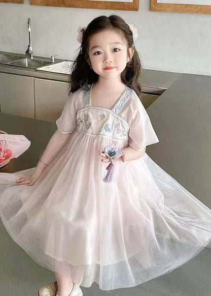 Lovely Light Pink Square Collar Embroideried Patchwork Tulle Kids Long Dresses Summer MN011 MM-RCTZ-SDL240701