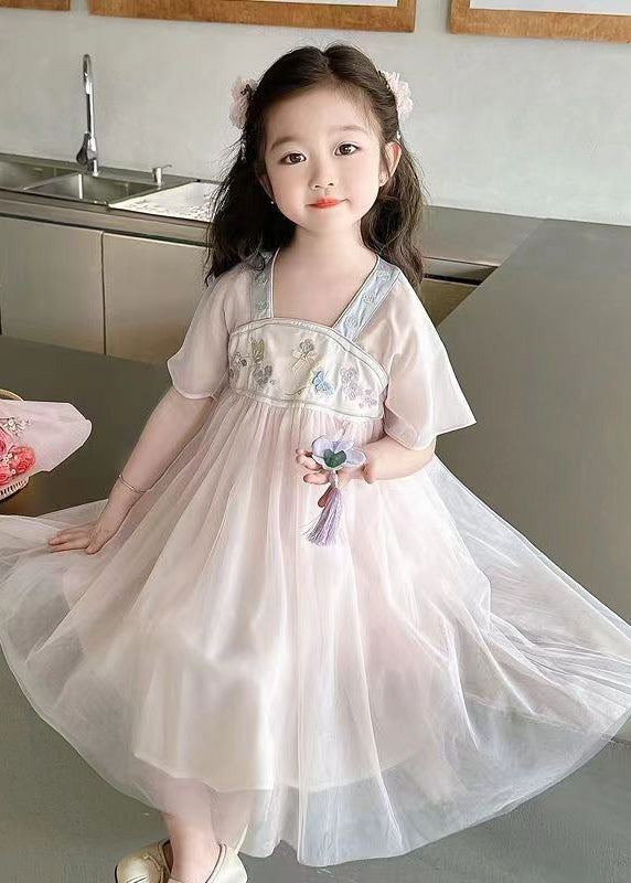 Lovely Light Pink Square Collar Embroideried Patchwork Tulle Kids Long Dresses Summer MN011 MM-RCTZ-SDL240701