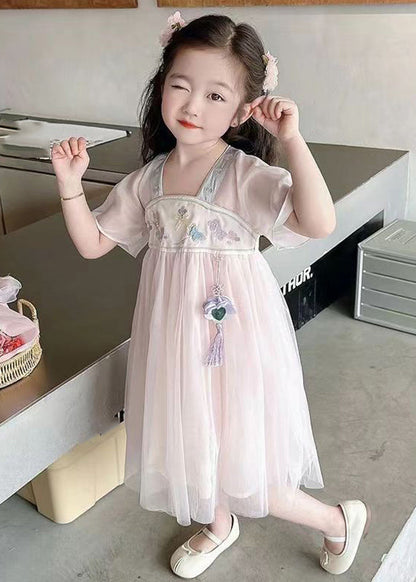 Lovely Light Pink Square Collar Embroideried Patchwork Tulle Kids Long Dresses Summer MN011 MM-RCTZ-SDL240701