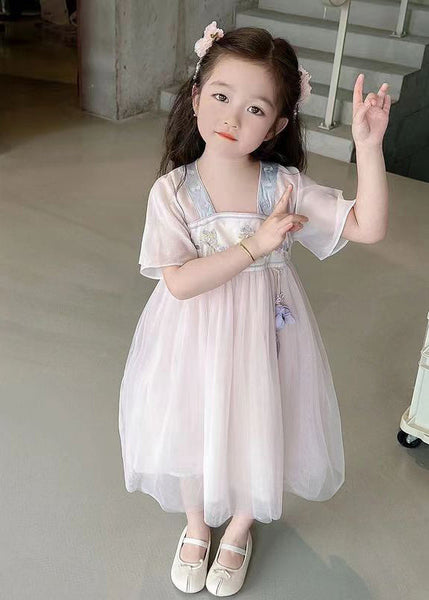 Lovely Light Pink Square Collar Embroideried Patchwork Tulle Kids Long Dresses Summer MN011 MM-RCTZ-SDL240701