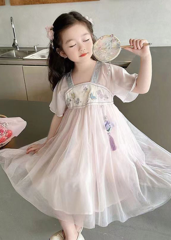 Lovely Light Pink Square Collar Embroideried Patchwork Tulle Kids Long Dresses Summer MN011 MM-RCTZ-SDL240701