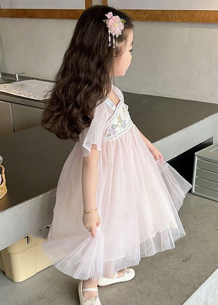 Lovely Light Pink Square Collar Embroideried Patchwork Tulle Kids Long Dresses Summer MN011 MM-RCTZ-SDL240701