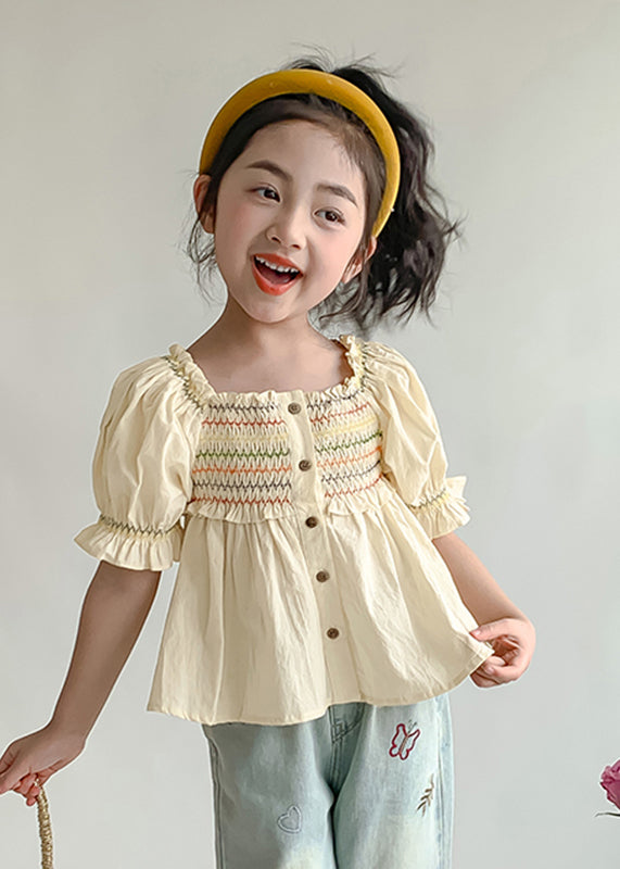 Lovely Light Yellow Ruffled Patchwork Wrinkled Kids Shirt Lantern Sleeve SS1008 MM-RCTZ-STP240601