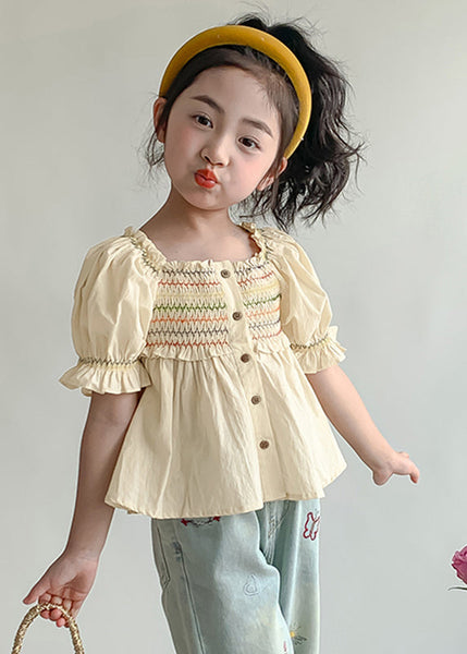 Lovely Light Yellow Ruffled Patchwork Wrinkled Kids Shirt Lantern Sleeve SS1008 MM-RCTZ-STP240601