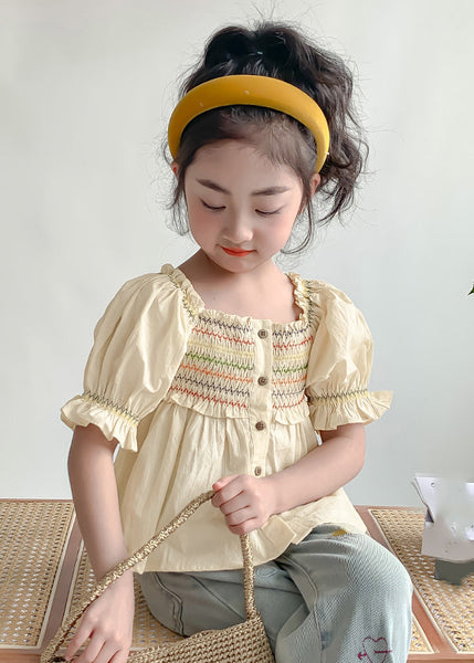 Lovely Light Yellow Ruffled Patchwork Wrinkled Kids Shirt Lantern Sleeve SS1008 MM-RCTZ-STP240601