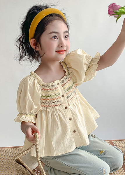 Lovely Light Yellow Ruffled Patchwork Wrinkled Kids Shirt Lantern Sleeve SS1008 MM-RCTZ-STP240601