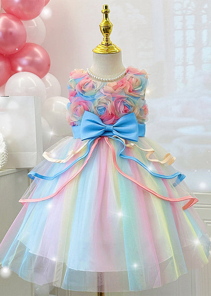 Lovely Pink O-Neck Bow Tulle Girls Maxi Dresses Summer YE013 ABC