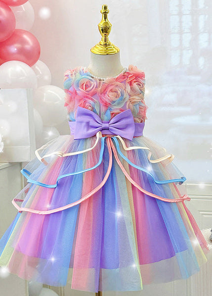 Lovely Pink O-Neck Bow Tulle Girls Maxi Dresses Summer YE013 ABC