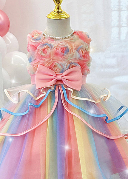 Lovely Pink O-Neck Bow Tulle Girls Maxi Dresses Summer YE013 ABC