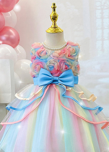 Lovely Pink O-Neck Bow Tulle Girls Maxi Dresses Summer YE013 ABC