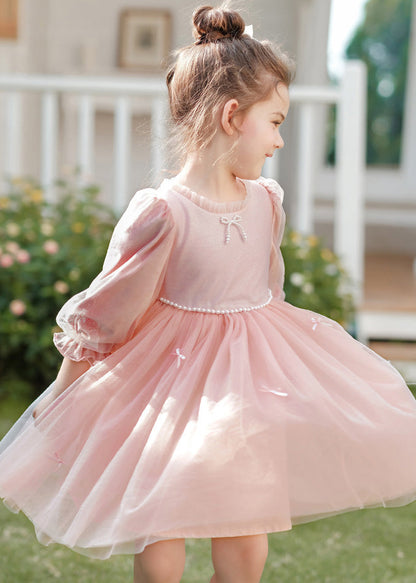 Lovely Pink O-Neck Nail Bead Silk Velour Patchwork Tulle Kids Mid Dress Spring TG002