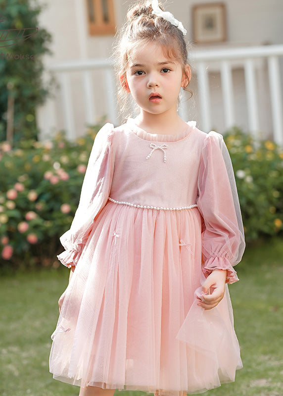 Lovely Pink O-Neck Nail Bead Silk Velour Patchwork Tulle Kids Mid Dress Spring TG002