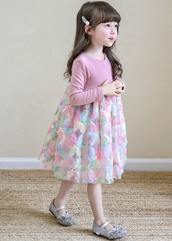 Lovely Pink O-Neck Print Tulle Girls Long Dresses Spring TV033