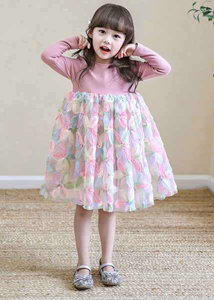 Lovely Pink O-Neck Print Tulle Girls Long Dresses Spring TV033