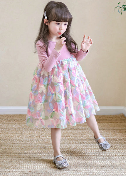 Lovely Pink O-Neck Print Tulle Girls Long Dresses Spring TV033