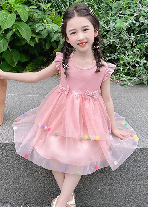 Lovely Pink O-Neck Tulle Patchwork Girls Dress Summer TT042 WS-JRTZSDGL240817